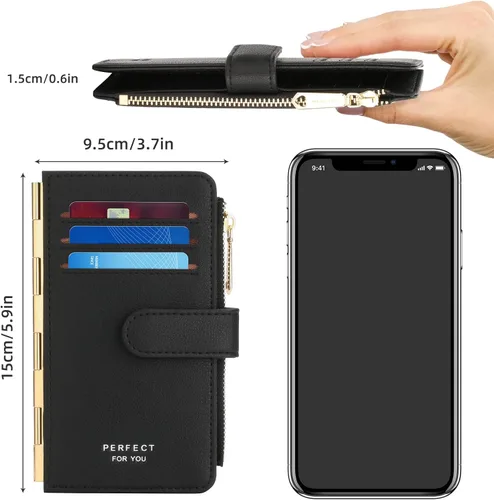 Vista 4 de PERFECB - Cartera para mujer, con bloqueo RFID, delgada, plegable, para tarjetas de crédito, con cremallera simple, Negro -, Cartera con tarjetero