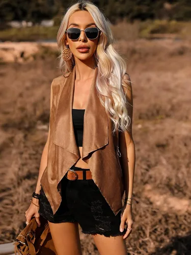 Vista 4 de OYOANGLE Chaqueta tipo cárdigan de gamuza hippie sin mangas con cuello abierto para mujer