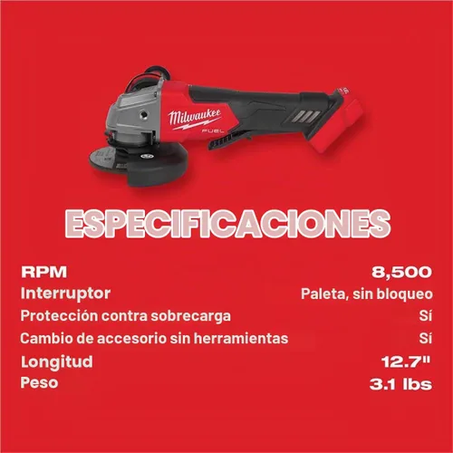 Vista 6 de Milwaukee 2880-20 M18 FUEL Esmeriladora angular pequeña sin escobillas de iones de litio de 4-1/2 pulgadas / 5 pulgadas, inalámbrica con interruptor