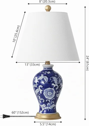 Vista 4 de JONATHAN Y JYL3009E Grace 24" lámpara de mesa LED de cerámica/hierro estilo floral de campo francés, azul marino/blanco para dormitorio, sala