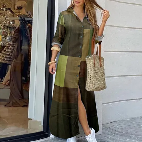 Vista 3 de Vestido largo casual de mezclilla con botones para mujer, con solapa, manga larga, con bolsillos, para otoño