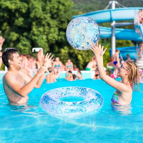 Vista 2 de Hungdao 4 piezas de flotadores inflables con purpurina para piscina, tubo de confeti y bola de playa con purpurina, pelota de playa inflable