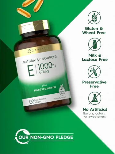Vista 5 de Carlyle Cápsulas blandas de vitamina E de 1000 UI con tocoferoles mixtos 120 píldoras Suplemento de origen natural Fórmula sin OMG y sin