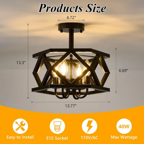 Vista 7 de Lámpara de Techo Semiempotrada Negra, Accesorio de Iluminación Moderno para Vestíbulo, Lámpara de Techo de Metal de 4 Luces, Pequeña Lámpara