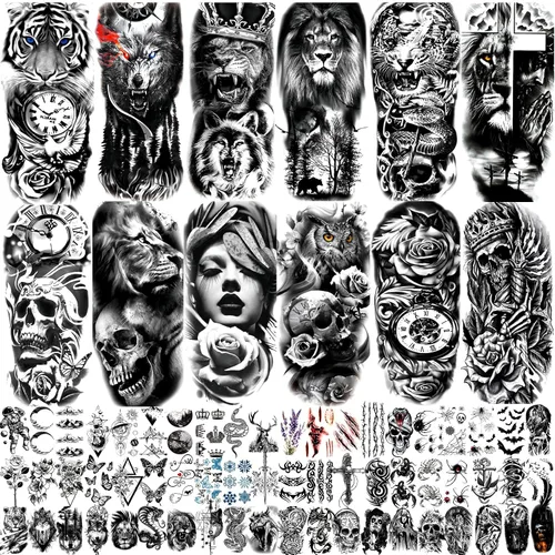 Vista 11 de JEEFONNA 86 hojas de tatuajes temporales, 14 hojas grandes de medio brazo de tatuajes falsos de flores, gato, búho y león, 72 hojas pequeñas