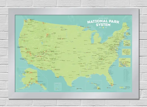 Vista 14 de Póster de unidades del sistema de parques nacionales de EE. UU., mapa de 24 x 36 pulgadas (beige y azul claro)
