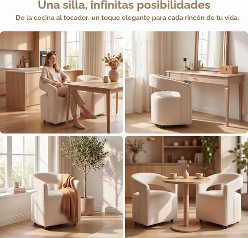 Vista 5 de DUOMAY Silla de comedor tapizada moderna con ruedas giratorias, juego de 1, silla auxiliar con respaldo de barril de lino, silla de tocador