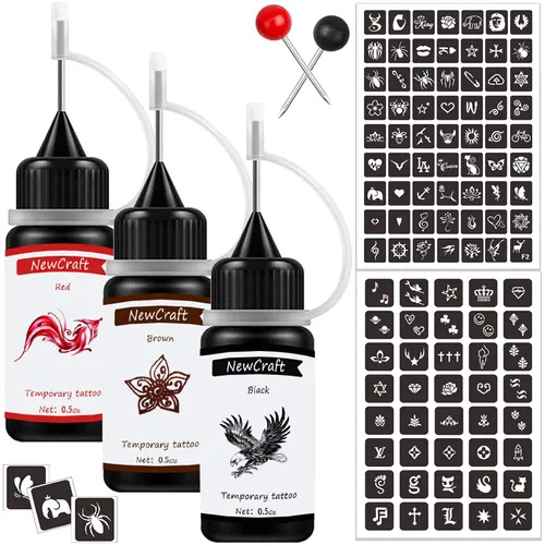 Vista 10 de Tinta de tatuaje temporal y plantillas para adultos, adolescentes y niños, kit de tatuaje temporal agradable a la piel, negro, rojo, marrón, verde