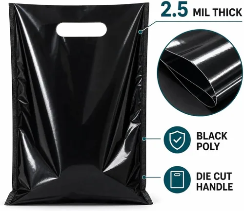 Vista 3 de ysmile Pequeña bolsa de compras de plástico negro para pequeñas empresas Bolsa de mercancía de plástico con asa Poli troquelado para venta al por