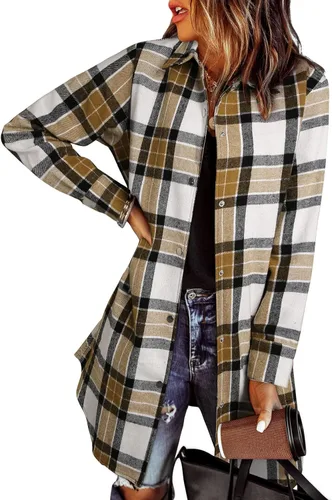 Vista 7 de EVALESS Chamarra Shacket de Cuadros con Bloques de Color para Mujer, Ropa de Otoño, Conjuntos de Moda 1b marrón