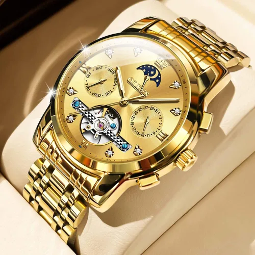 Vista 2 de OLEVS Men Automatic Watch Skeleton Moon Phase Dial Luxury Dress Stainless Steel Strap 5 Hands Diamond Men Wrist Watches