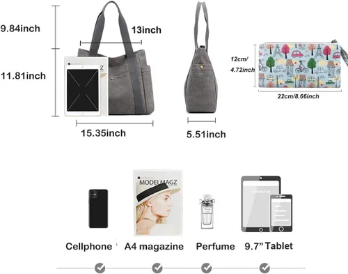 Vista 4 de Bolso de lona para mujer, multibolsillo, estilo retro, casual, con asa superior, bolso de mano