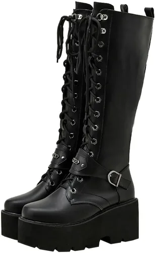 Vista 62 de Parisuit Botas góticas altas hasta la rodilla con hebilla de plataforma para mujer, tacón alto grueso, con cordones, botas de combate punk, con Negro