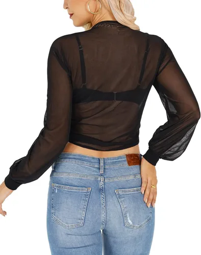 Vista 3 de MANGOPOP Blusa corta de manga corta de malla transparente para mujer
