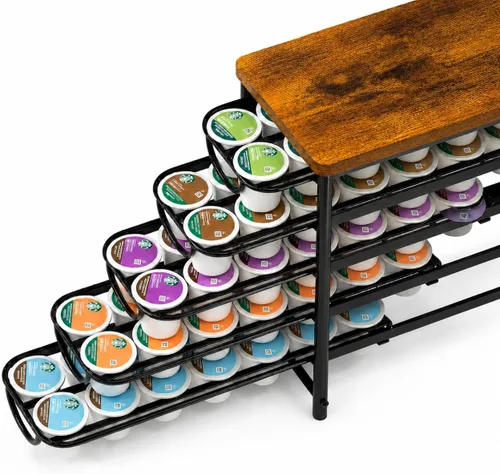 Vista 10 de HFHOME Soporte para cápsulas de café con parte superior de madera, compatible con K-Cups, cajón de almacenamiento de cápsulas de café de 4 niveles