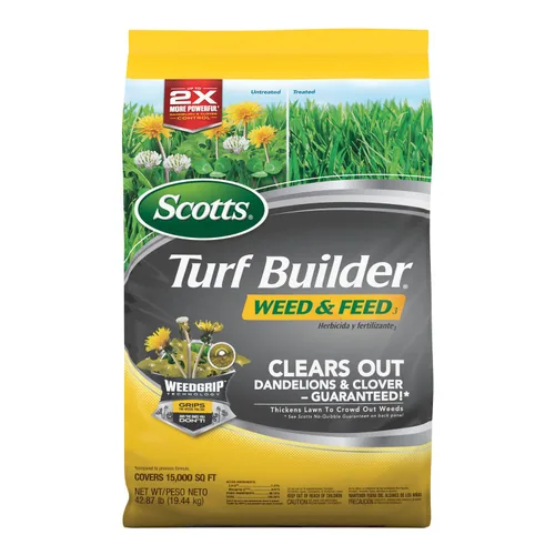 Vista 14 de Scotts Turf Builder Weed and Feed5, Fertilizante y alimento para césped, matamalas hierbas plus, controla dientes de león y trébol, 4,000 pies