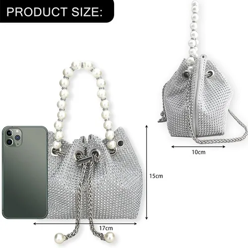 Vista 5 de Bolso de mano con diamantes de imitación plateados, brillante y delicado, bolso de noche de diamantes de imitación plateado de lujo, ligero
