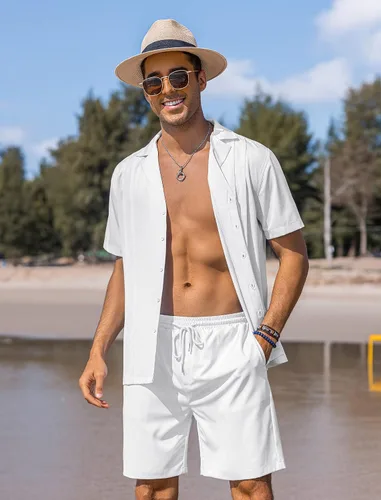 Vista 2 de COOFANDY Conjunto corto de 2 piezas para hombre, camisa cubana con botones, informal, conjunto de trajes de playa cortos