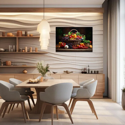 Vista 3 de QIXIANG Arte de pared de frutas y verduras coloridas impresiones en lienzo de comida en la canasta, cocina, restaurante, decoración de pared