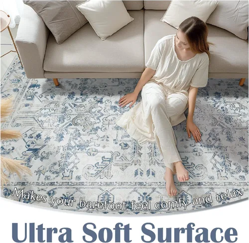 Vista 68 de jinchan Lima - Alfombra simétrica floral geométrica lavable, alfombra de entrada de medio círculo de 2 x 3, alfombra de media luna, suave y Azul