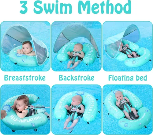 Vista 2 de Flotador Mambobaby para bebé de piscina con toldo y cola Flotador portátil para bebé autoinflable, plegable, flotador de natación, cama flotante