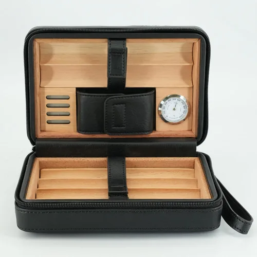 Vista 4 de Goshentech Estuche de cuero de madera de cedro, capacidad: 6 piezas, estuche de viaje portátil (Negro)