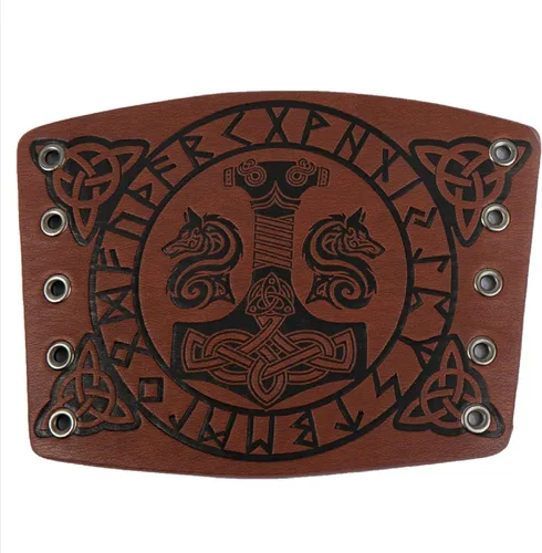 Vista 7 de Brazaletes vikingos, armadura de cuero, martillo de Thor, guanteletes de brazo nórdico en relieve, pulsera medieval LARP con tiro con arco