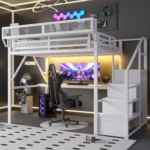 Vista 12 de Mirightone Cama elevada de tamaño completo con escaleras, camas elevadas de metal, estructura de cama elevada con estantes de almacenamiento, cama
