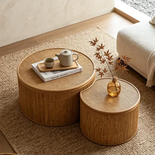 Vista 10 de Juego de 2 mesas de centro redondas negras de 55.12 pulgadas, mesa lateral moderna para sala de estar, diseño contemporáneo de círculo de madera