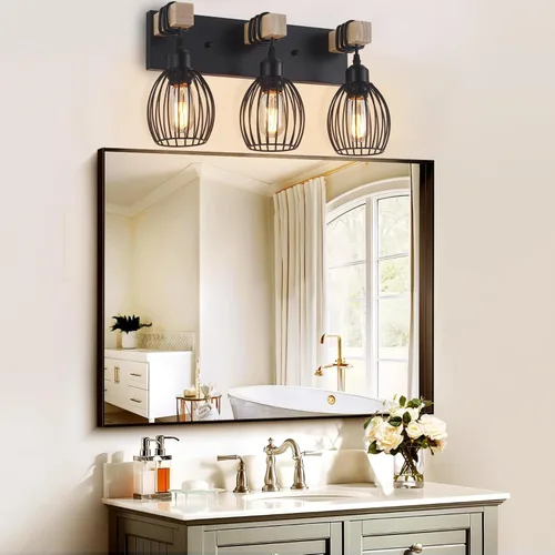 Vista 5 de Luz de tocador de granja de 3 luces para baño, aplique de pared de madera con elegante jaula en forma de lágrima, luces de tocador industriales