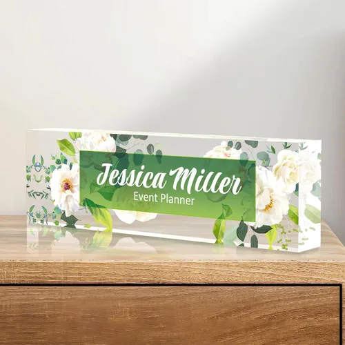 Vista 73 de Placa de identificación personalizada para escritorio, decoración de oficina de acrílico transparente con diseño de flores, decoraciones