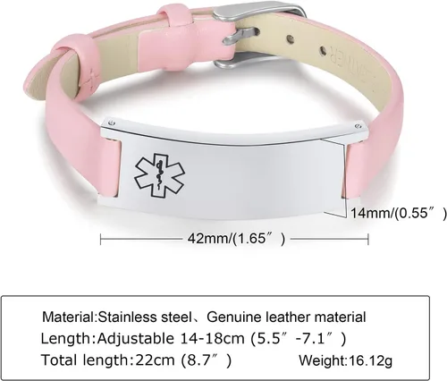 Vista 47 de MPRAINBOW Pulsera de alerta médica personalizada para mujer, correa de reloj de cuero genuino, grabado de doble cara, diabetes, epilepsia, joyería