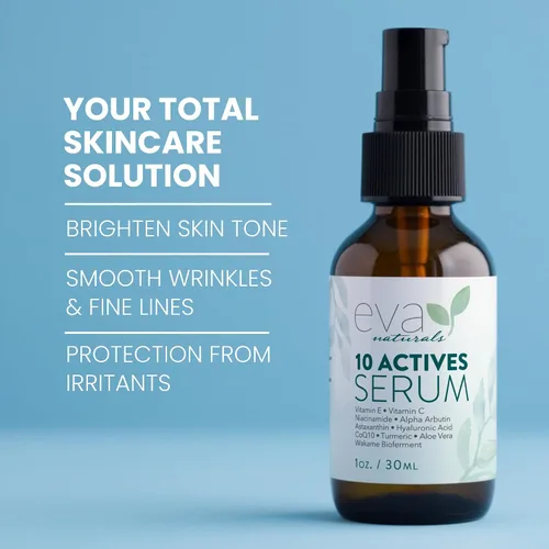 Vista 2 de Eva Naturals Suero 10 Actives – Vitamina C, niacinamida, ácido hialurónico, cúrcuma, CoQ10 – Suero facial antienvejecimiento natural para manchas