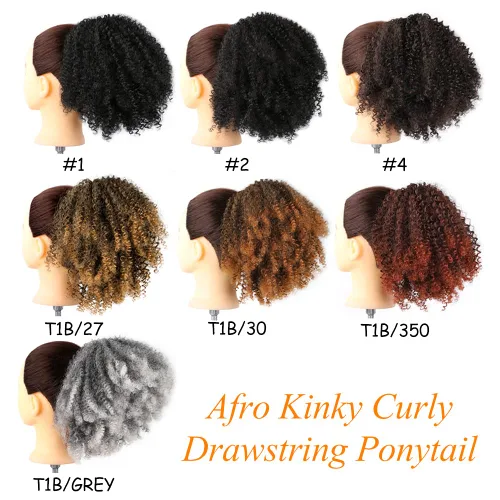 Vista 6 de Extensión de cabello sintético con cordón para coleta afro rizado para mujeres negras, onda corta (#1B, negro naturaleza)