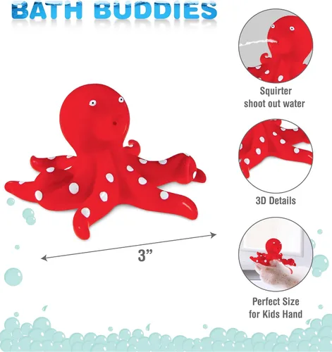 Vista 2 de DolliBu Octopus Bath Buddy Squirter - Juguete flotante de goma de pulpo rojo, divertido juego de baño para niños pequeños, lindo juguete de animales