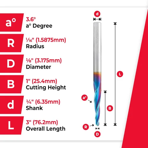Vista 4 de Amana Tool 46286-K Brocas de enrutador CNC en espiral de corte de carburo para plástico, madera 2D/3D tallado 3.6 grados punta de bola de ángulo