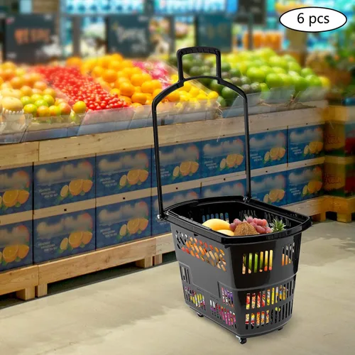 Vista 9 de Carrito de compras de 6 piezas, 35L/9.2 galones grande de plástico negro con 4 ruedas y asa, cesta de compras portátil independiente