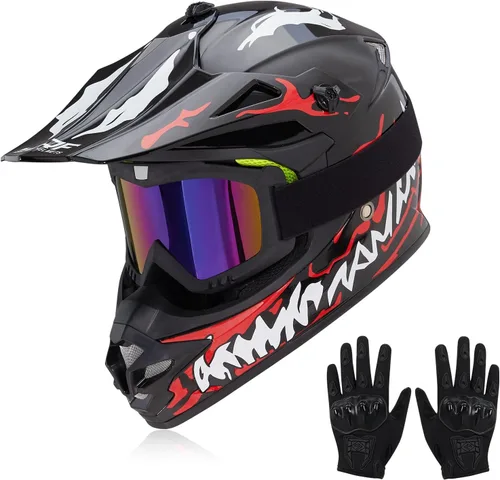 Vista 10 de cascos para niños y jóvenes de bicicleta todoterreno, motocross, ATV, BMX, MX, bicicleta todoterreno, casco de motocicleta J-01 con gafas y guantes