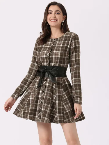 Vista 3 de Allegra K Vestido de Navidad a cuadros para mujer, de manga larga, con botones, con cinturón
