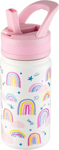 Vista 12 de Fanhaw Botella de agua aislada para niños de 14 onzas con tapa de pajita – Acero inoxidable de doble pared al vacío, a prueba de fugas, botellas