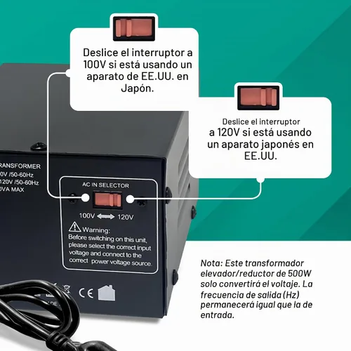 Vista 6 de LiteFuze Convertidor de Voltaje Transformador de 500W para Japón – Elevador/Reductor 100V a 120V / 120V a 100V – Convertidor de Energía de Servicio