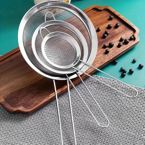 Vista 2 de Colador de malla fina de acero inoxidable de 3 piezas, malla fina de alta calidad, colador de alimentos con mango largo para utensilios de cocina