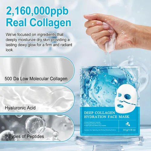 Vista 6 de Máscara profunda real de bio-colágeno, máscara facial de colágeno, máscara de colágeno para mujeres con ácido hialurónico, máscaras faciales