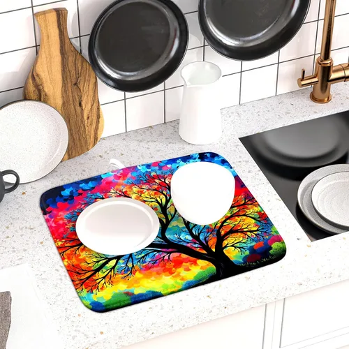 Vista 6 de Tapete de secado de microfibra para encimera de cocina, almohadilla de secado de platos de árbol de acuarela, 16 x 18 pulgadas