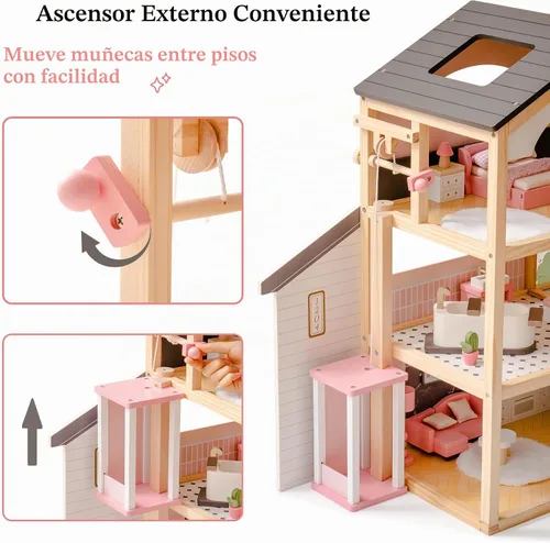 Vista 3 de ROBOTIME Casa de muñecas de madera, casa de muñecas con juego de muebles de 29 piezas, piscina y ascensor, casa de muñecas de madera para muñecas