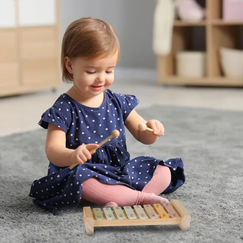 Vista 7 de Stoie's Xilófono de madera para niños y bebés, diseño amigable para niños, xilófono de 8 notas con colores de alegría afinado en C-Key con mazos