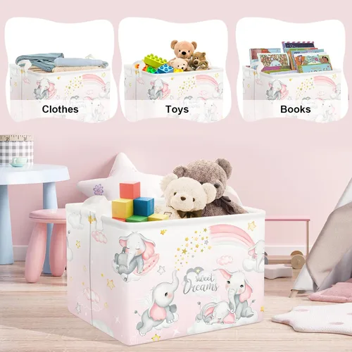Vista 5 de Clastyle Cesta de almacenamiento rectangular de elefantes durmientes, color rosa, arcoíris, para niñas, con nube, luna, baby shower, ropa