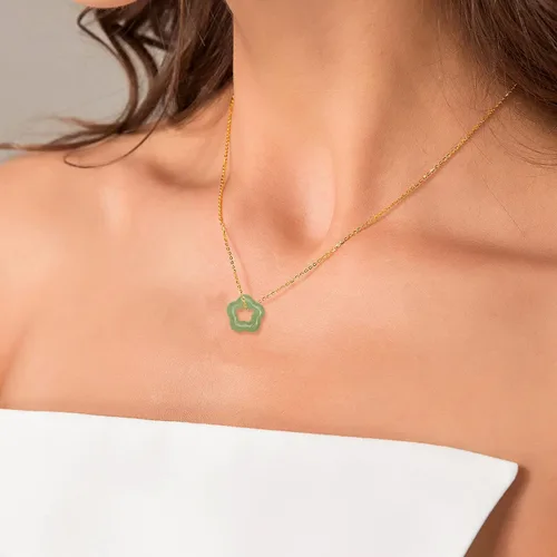 Vista 2 de Womens Dainty Natural Green Jade Crystal Stone Necklace, Star Donut Gemstone Choker Flower Pendant with 16 inches Stainless Steel Chain, Gift for