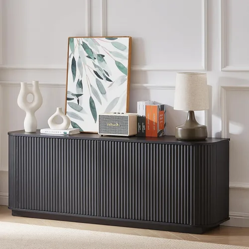 Vista 3 de LKTART Aparador de 64 pulgadas con almacenamiento, armario de almacenamiento de madera acanalada, aparador Credenza con estantes ajustables, resorte