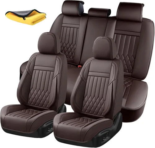 Vista 14 de Juego completo de fundas de asiento de automóvil de cuero napa impermeables y transpirables de 2 plazas, aptas para asientos delanteros de beige